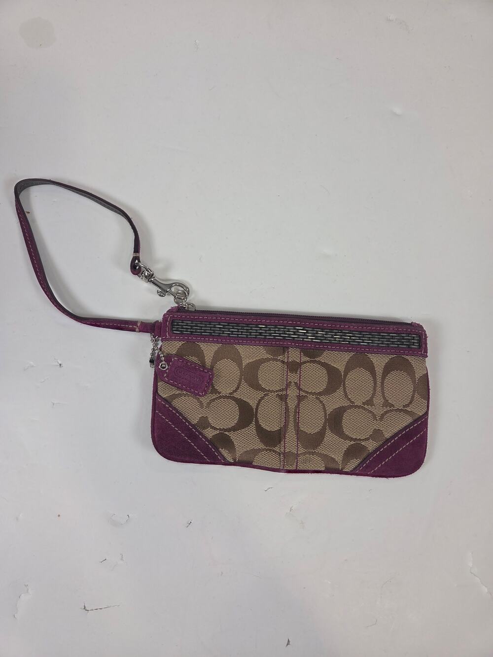 Coach Signature Tan Fabric Burgundy/Purple Suede Zip Wristlet Wallet Bag